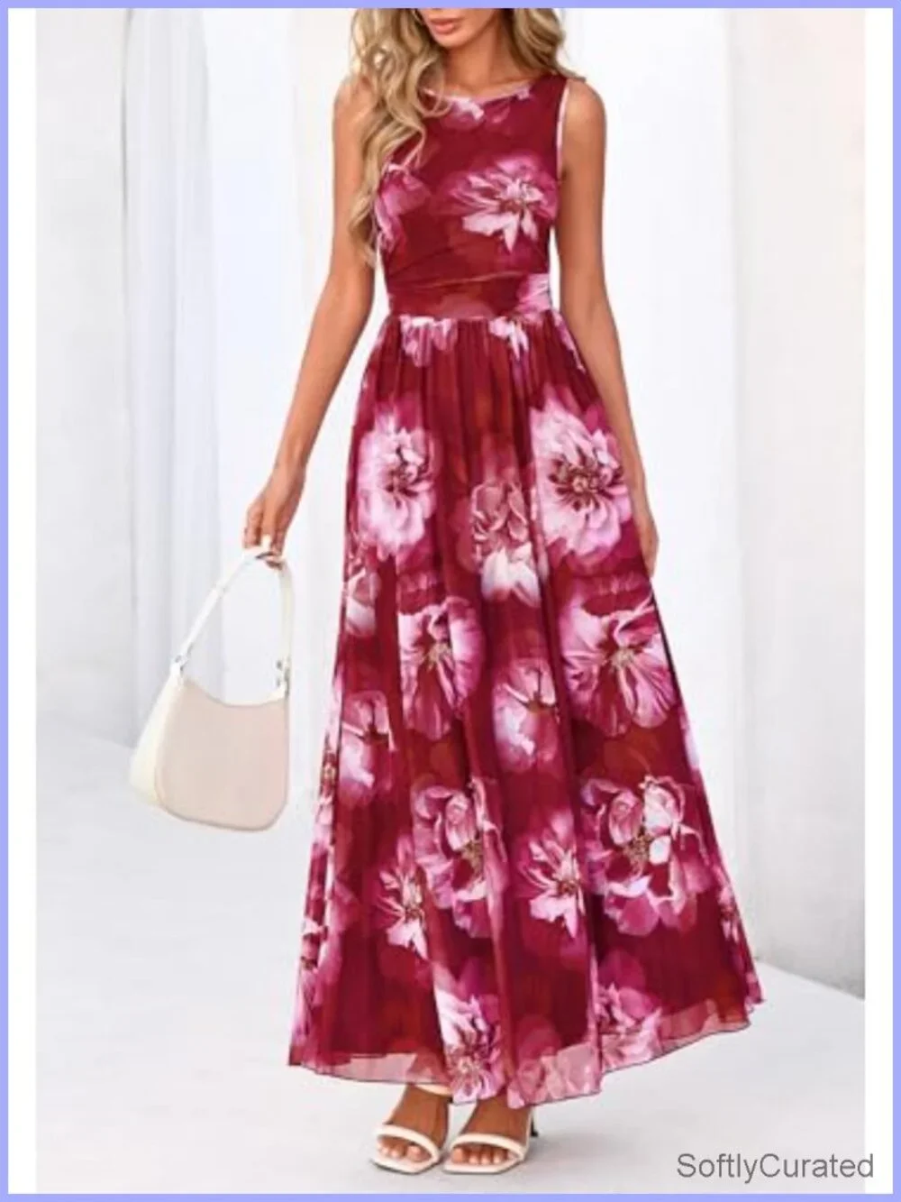 Sleeveless Floral Maxi Dress Mesh High Waist Pleated Sundress with Pockets